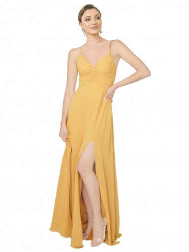 Achat Safran Trapèze Col V Mousseline Longue Robes demoiselle d'honneur