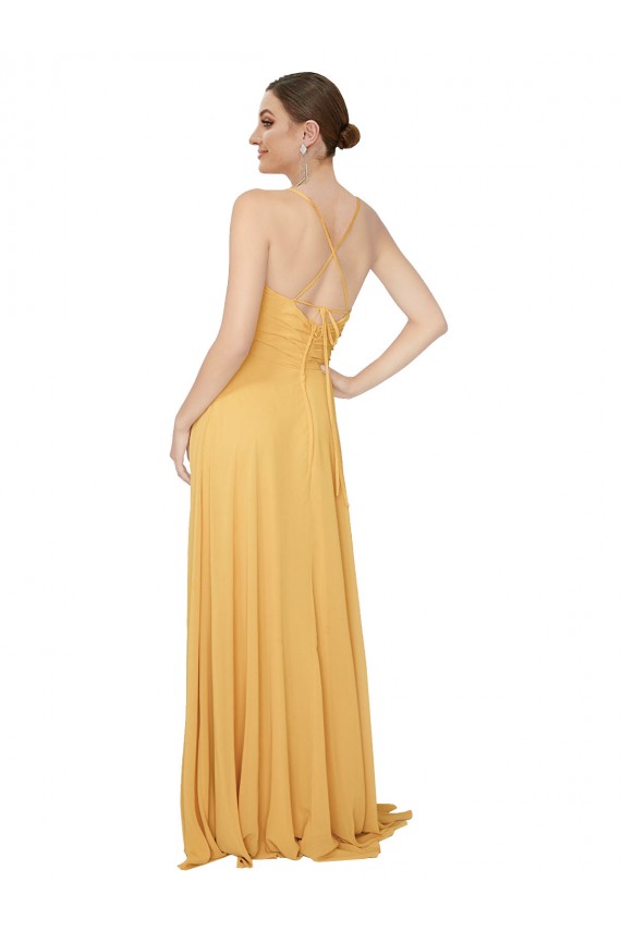 Achat Safran Trapèze Col V Mousseline Longue Robes demoiselle d'honneur