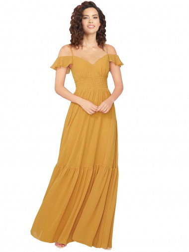 Achat Safran Trapèze Col V Mousseline Longue Robes demoiselle d'honneur