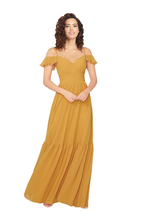 Achat Safran Trapèze Col V Mousseline Longue Robes demoiselle d'honneur
