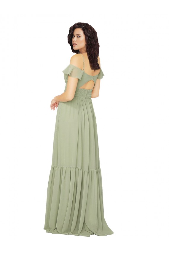 Achat Safran Trapèze Col V Mousseline Longue Robes demoiselle d'honneur