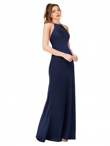 Achat Saphir Fourreau Col Haut Satiné Soyeux Longue Formelles Robes demoiselle d'honneur / Robes de soirée / Robes de bal