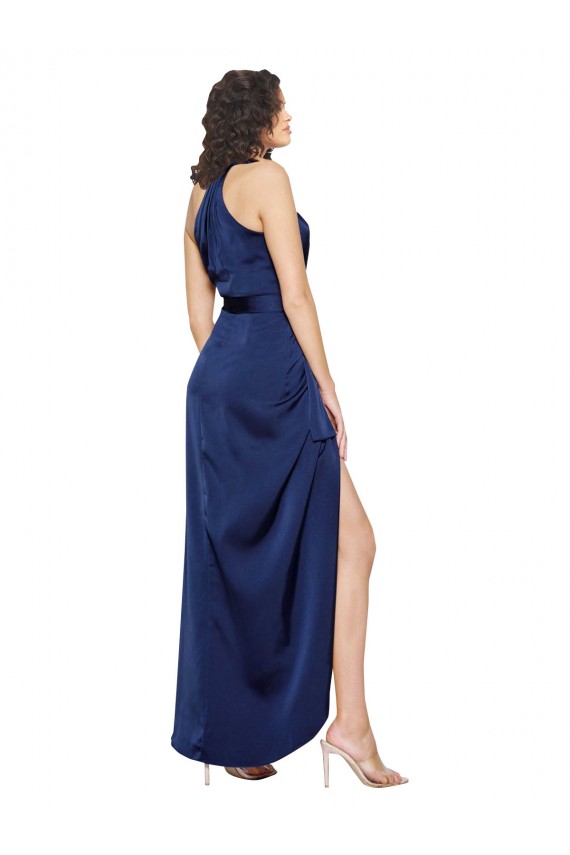 Achat Saphir Trapèze Licou Col Haut Satiné Soyeux Longue Asymétrique Formelles Robes demoiselle d'honneur / Robes de soirée / Robes de bal