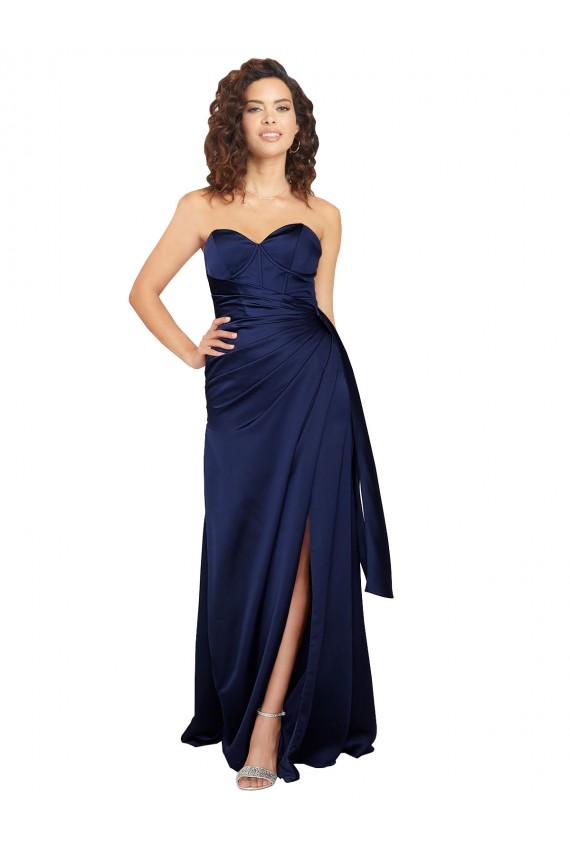 Achat Saphir Trapèze Sans bretelle Satiné Soyeux Longue Formelles Robes demoiselle d'honneur / Robes de soirée / Robes de bal