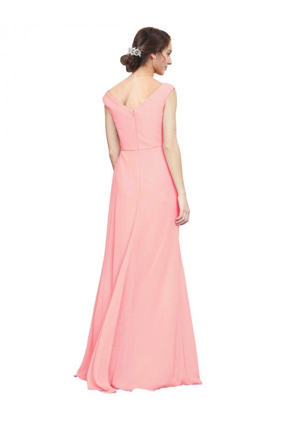 Achat Saumon Trapèze Col V Mousseline Longue Robes demoiselle d'honneur