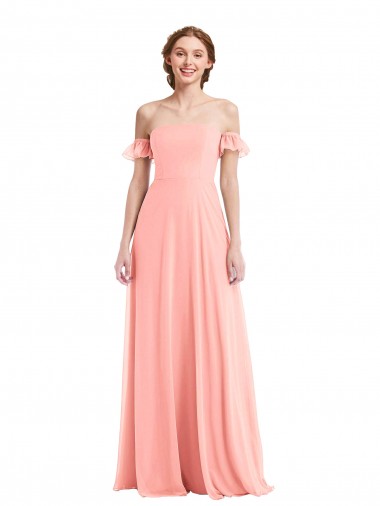 Achat Saumon Trapèze Épaule Dénudée Mousseline Longue Robes demoiselle d'honneur
