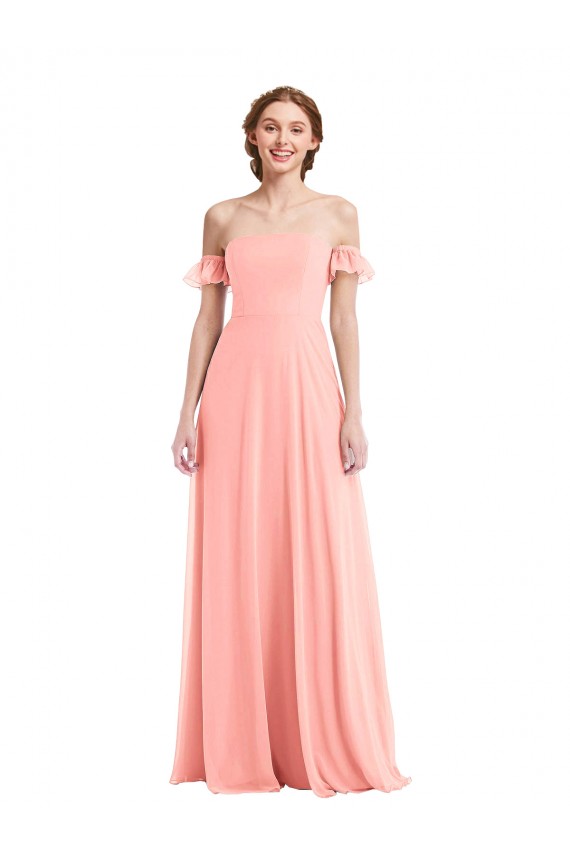Achat Saumon Trapèze Épaule Dénudée Mousseline Longue Robes demoiselle d'honneur