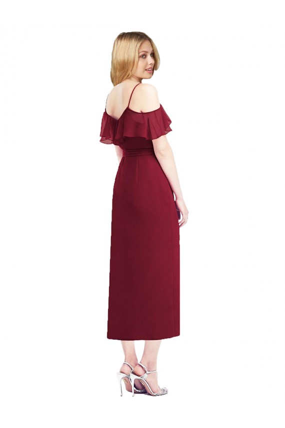 Achat Saumon Trompette Bretelles spaghetti Col V Mousseline Courte Asymétrique Robes demoiselle d'honneur