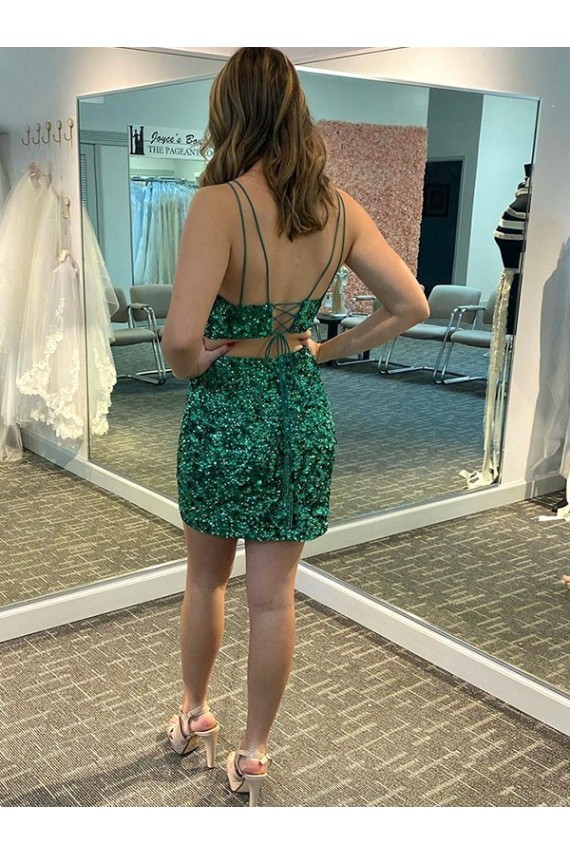 Achat Shamrock Vert Fourreau Col V Courte Paillettes Velours Courte Robes de bal