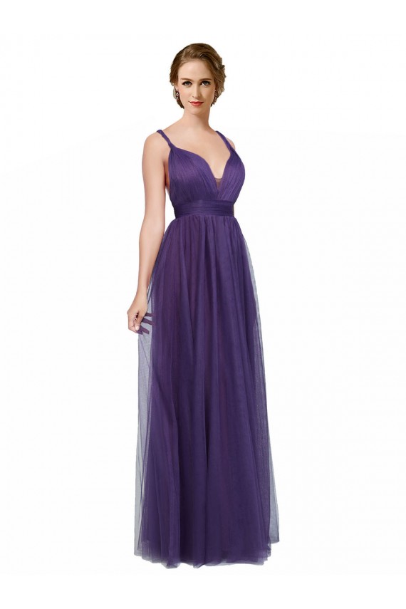 Achat Trapèze Bretelles spaghetti Bateau Tulle Longue Robes demoiselle d'honneur