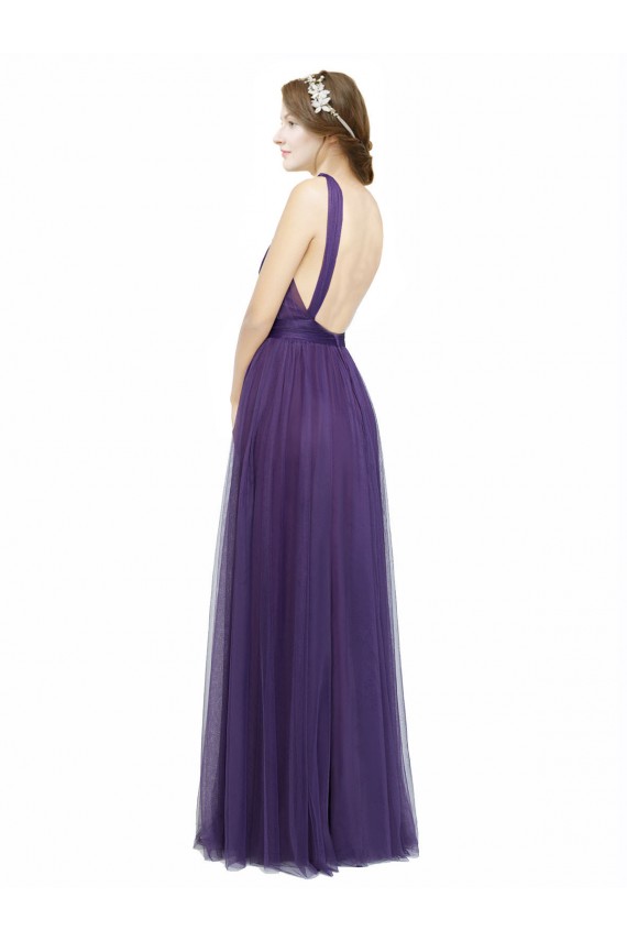 Achat Trapèze Bretelles spaghetti Bateau Tulle Longue Robes demoiselle d'honneur
