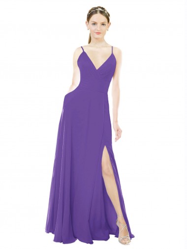 Achat Trapèze Bretelles spaghetti Col V Mousseline Longue Robes demoiselle d'honneur