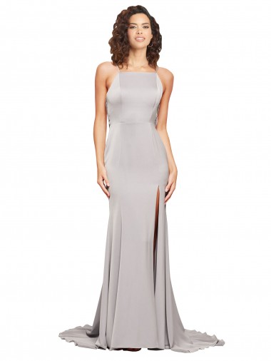 Achat Trapèze Col Haut Balayage train Satiné Stretch Longue Formelles Robes demoiselle d'honneur / Robes de soirée / Robes de bal