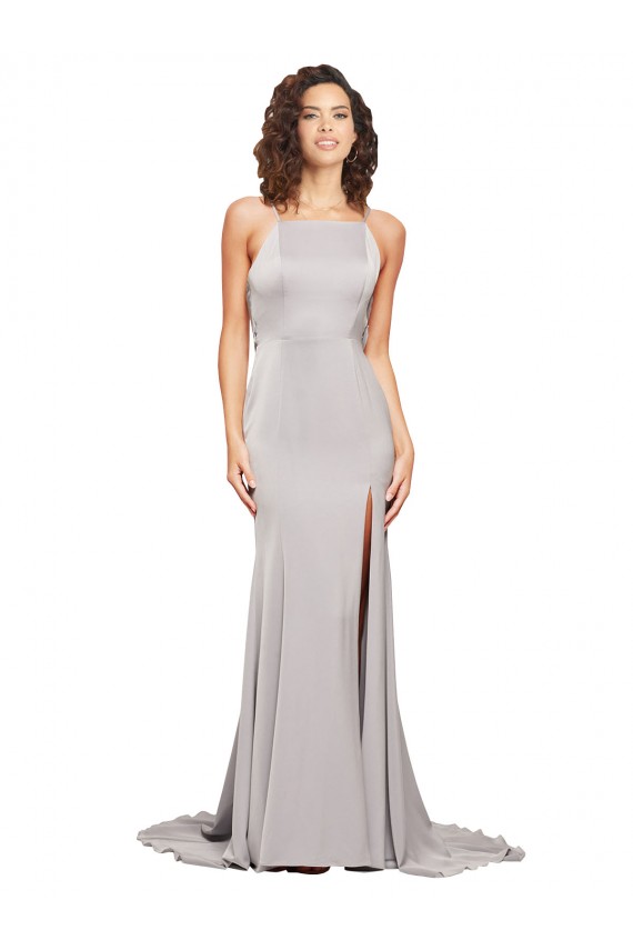 Achat Trapèze Col Haut Balayage train Satiné Stretch Longue Formelles Robes demoiselle d'honneur / Robes de soirée / Robes de bal