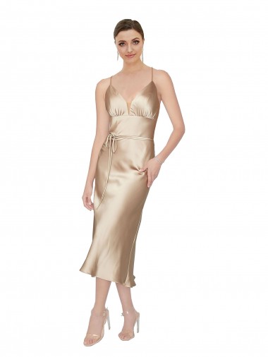 Achat Trapèze Col V midi Satiné Soyeux Courte Robes demoiselle d'honneur / Robes de soirée / Robes de cocktail
