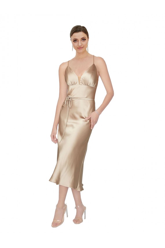 Achat Trapèze Col V midi Satiné Soyeux Courte Robes demoiselle d'honneur / Robes de soirée / Robes de cocktail