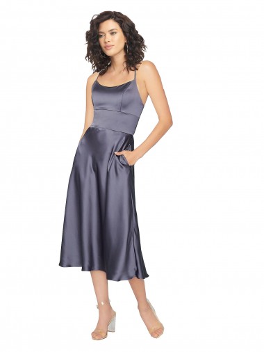 Achat Trapèze Scoop midi Satiné Soyeux Courte Robes demoiselle d'honneur / Robes de bal / Robes de cocktail