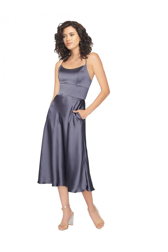 Achat Trapèze Scoop midi Satiné Soyeux Courte Robes demoiselle d'honneur / Robes de bal / Robes de cocktail