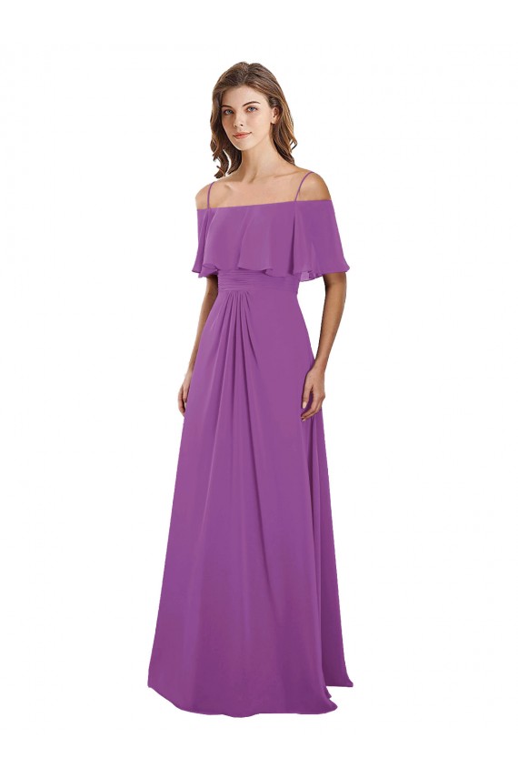 Achat Trapèze Épaule Dénudée Bretelles spaghetti Mousseline Longue Robes demoiselle d'honneur