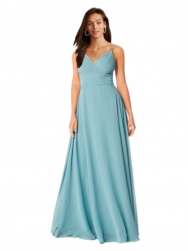 Achat Turquoise Trapèze Col V Mousseline Longue Robes demoiselle d'honneur