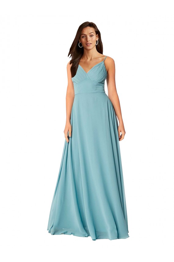 Achat Turquoise Trapèze Col V Mousseline Longue Robes demoiselle d'honneur