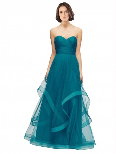 Achat Turquoise Trapèze Sans bretelle Tulle Longue Robes demoiselle d'honneur