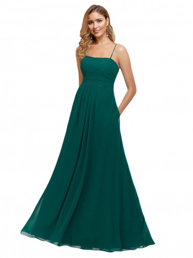 Achat Vert Chasseur Trapèze Bretelles spaghetti Col Carré Mousseline Longue Robes demoiselle d'honneur