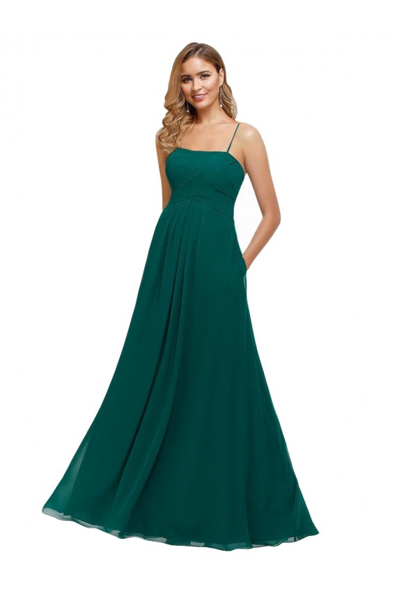 Achat Vert Chasseur Trapèze Bretelles spaghetti Col Carré Mousseline Longue Robes demoiselle d'honneur