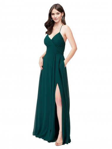 Achat Vert Chasseur Trapèze Col V Mousseline Longue Robes demoiselle d'honneur