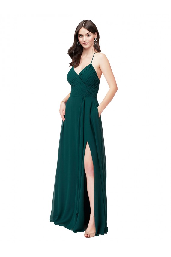 Achat Vert Chasseur Trapèze Col V Mousseline Longue Robes demoiselle d'honneur