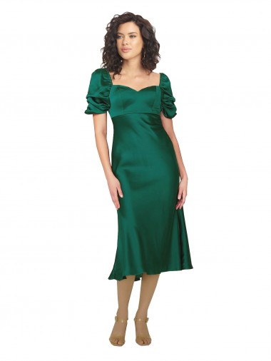 Achat Vert Chasseur Trapèze midi Satiné Soyeux Courte Robes demoiselle d'honneur / Robes de soirée / Robes de bal