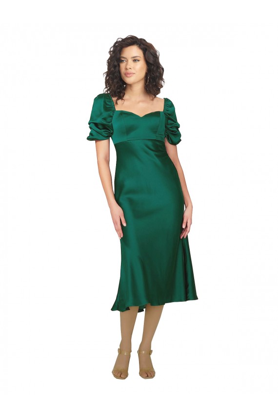 Achat Vert Chasseur Trapèze midi Satiné Soyeux Courte Robes demoiselle d'honneur / Robes de soirée / Robes de bal