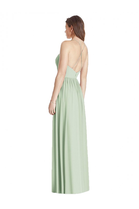 Achat Vert Sauge Trapèze Bretelles spaghetti Col V Mousseline Longue Robes demoiselle d'honneur