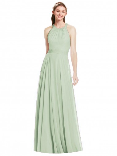 Achat Vert Sauge Trapèze Licou Mousseline Longue Robes demoiselle d'honneur