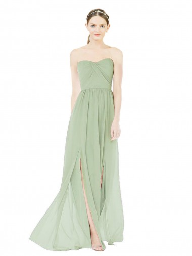 Achat Vert Sauge Trapèze Sans bretelle Mousseline Longue Robes demoiselle d'honneur