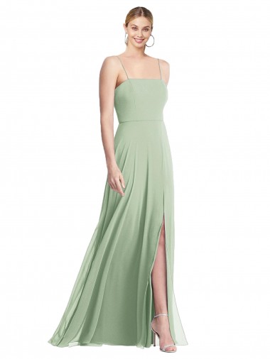 Achat Vert Sauge Trompette Bretelles spaghetti Col Carré Mousseline Longue Formelles Robes demoiselle d'honneur / Robes de soirée
