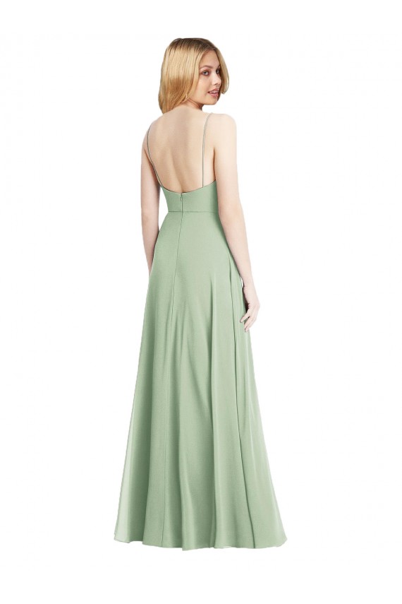 Achat Vert Sauge Trompette Bretelles spaghetti Col Carré Mousseline Longue Formelles Robes demoiselle d'honneur / Robes de soirée