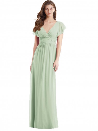 Achat Vert Sauge Trompette Col V Mousseline Longue Robes demoiselle d'honneur