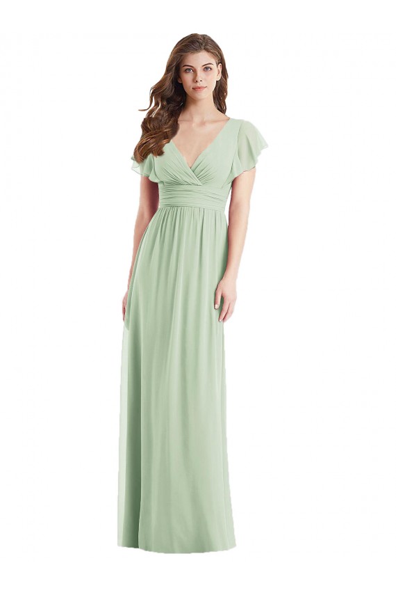 Achat Vert Sauge Trompette Col V Mousseline Longue Robes demoiselle d'honneur