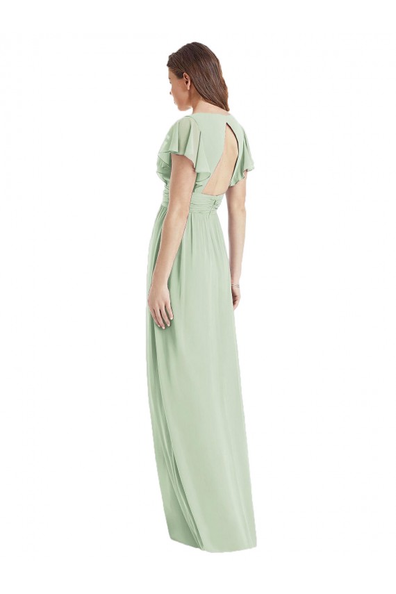 Achat Vert Sauge Trompette Col V Mousseline Longue Robes demoiselle d'honneur