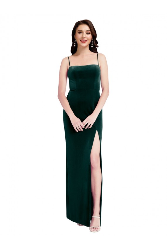 Achat Vert foncé Fourreau Bretelles spaghetti Col Carré Velours Stretch Longue Robes demoiselle d'honneur / Robes de bal