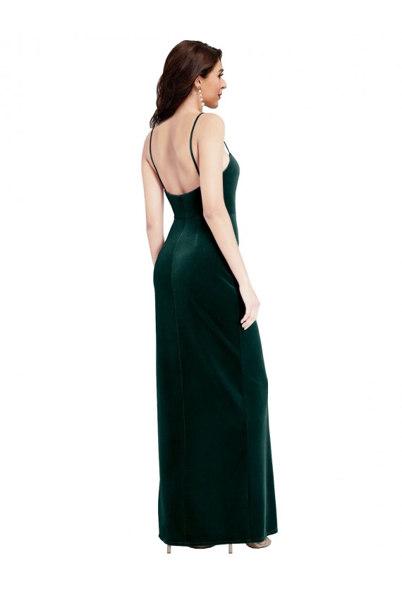 Achat Vert foncé Fourreau Bretelles spaghetti Col Carré Velours Stretch Longue Robes demoiselle d'honneur / Robes de bal