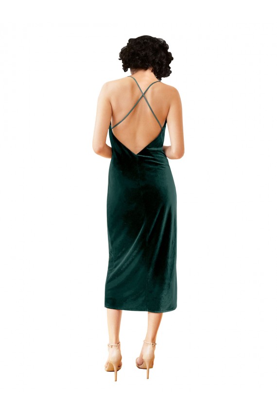 Achat Vert foncé Fourreau Bretelles spaghetti midi Velours Stretch Courte Robes demoiselle d'honneur / Robes de soirée / Robes de cocktail