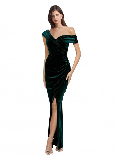 Achat Vert foncé Fourreau Épaule Dénudée Velours Stretch Longue Asymétrique Formelles Robes demoiselle d'honneur / Robes de soirée / Robes de bal