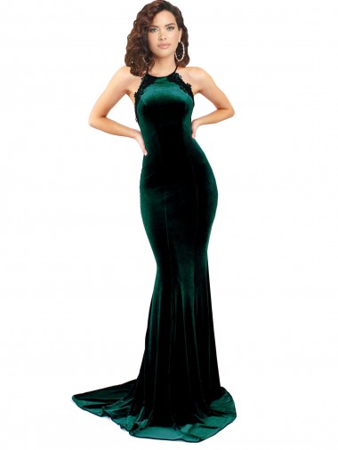Achat Vert foncé Sirène Col Haut Balayage train Velours Stretch Longue Formelles Robes demoiselle d'honneur / Robes de soirée / Robes de bal