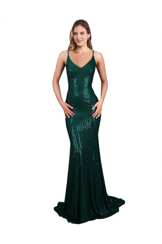 Achat Vert foncé Sirène Col V Paillette Longue Formelles Robes demoiselle d'honneur / Robes de soirée / Robes de bal