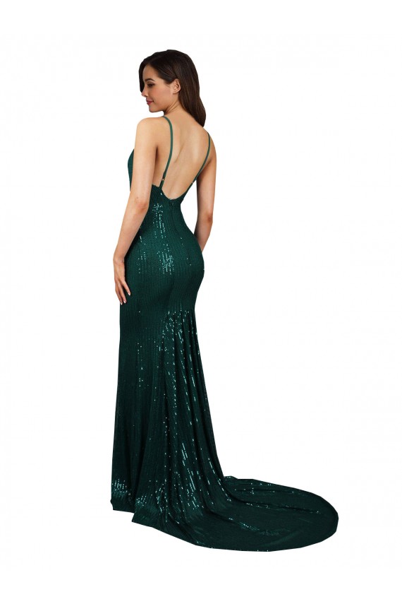 Achat Vert foncé Sirène Col V Paillette Longue Formelles Robes demoiselle d'honneur / Robes de soirée / Robes de bal