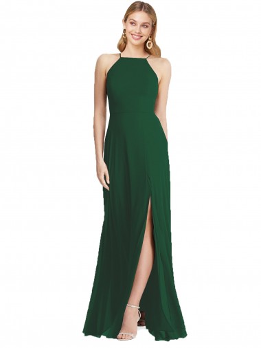 Achat Vert foncé Trapèze Bretelles spaghetti Col Haut Mousseline Longue Robes demoiselle d'honneur