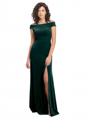 Achat Vert foncé Trapèze Col Carré Velours Stretch Longue Formelles Robes demoiselle d'honneur / Robes de soirée / Robes de bal