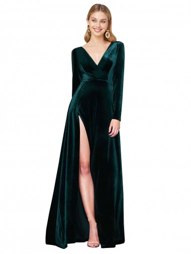 Achat Vert foncé Trapèze Col V Balayage train Velours Stretch Longue Formelles Robes demoiselle d'honneur / Robes de soirée / Robes de bal